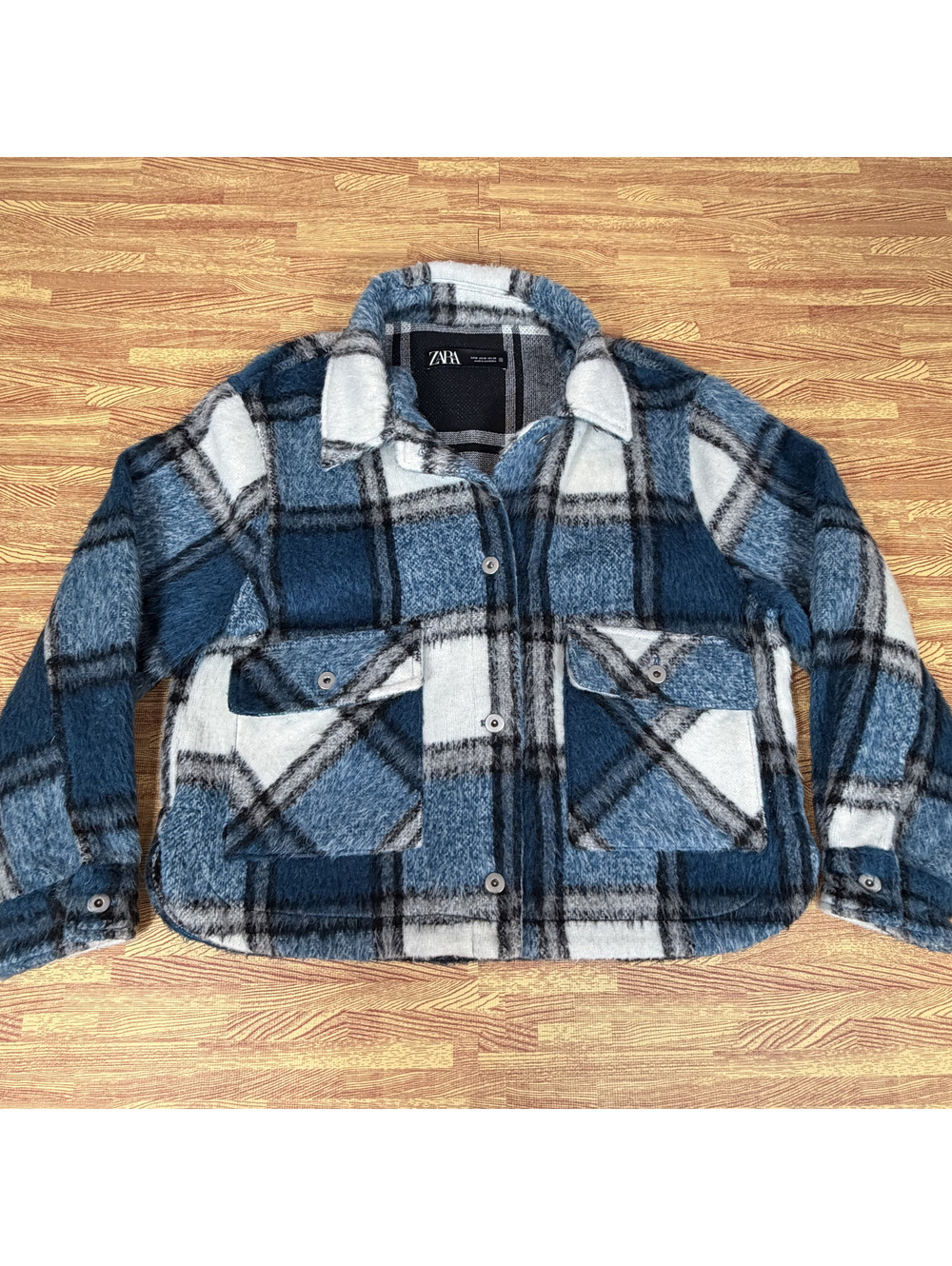 Zara Blue Plaid Fleece Shacket Overshirt Jacket Cozy Grunge Medium